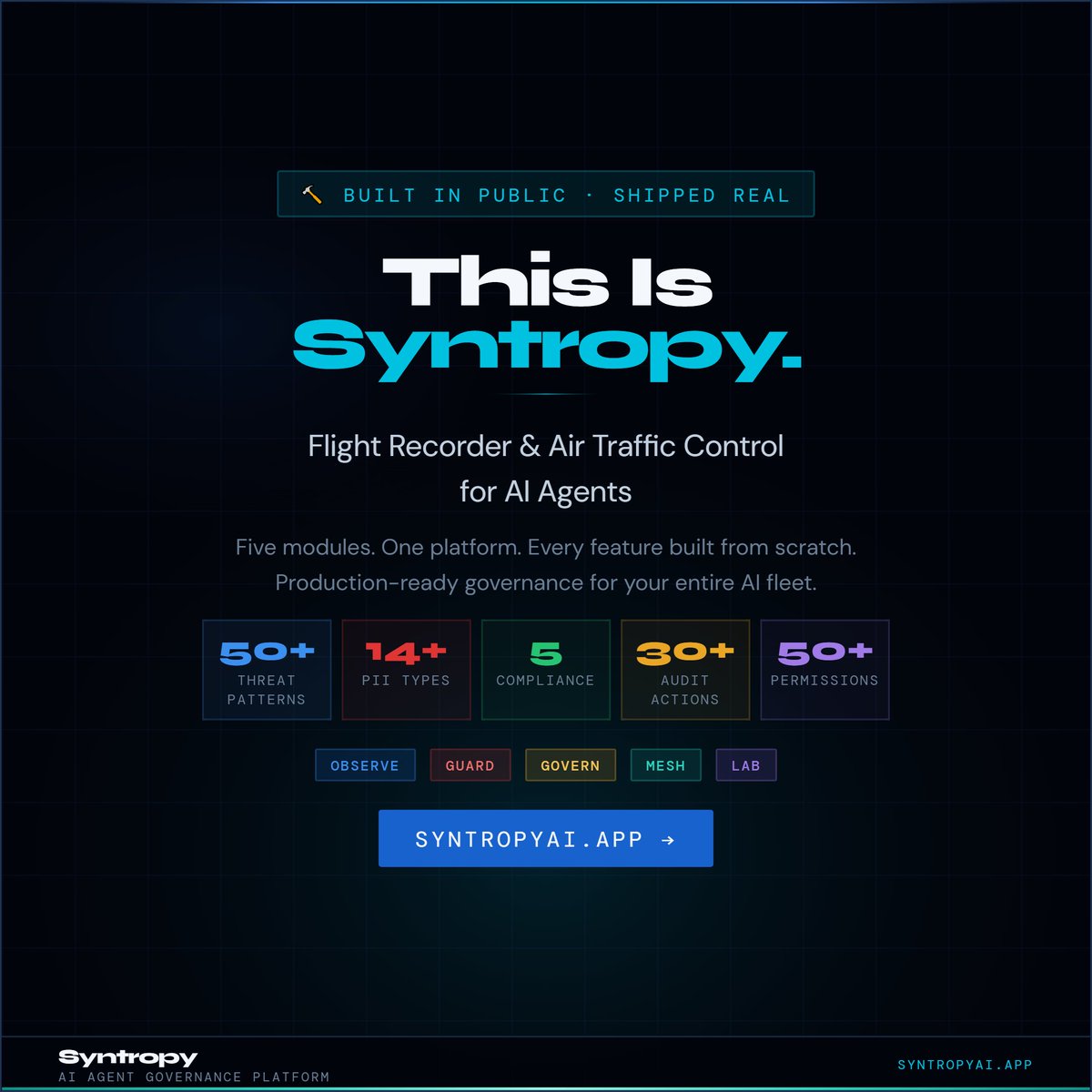 SyntropySec's tweet photo. Every feature. Built from scratch. Shipped real.

→ https://t.co/LXcvdENfDU

#BuildInPublic #AIGovernance #AIAgents #LLMSecurity #EnterpriseAI #Syntropy #ShippingProduct #IndieHacker https://t.co/1r5XPXNmKd