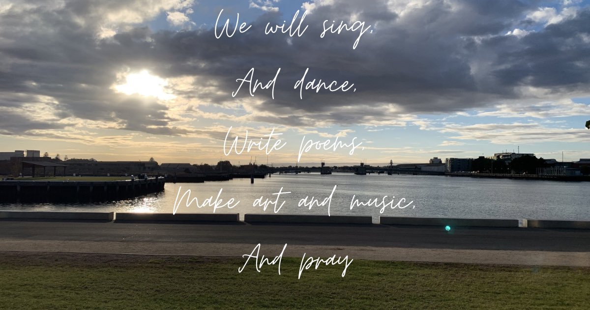 StephPenny1's tweet photo. And we? 
What shall we do
When the lights go out? 
How shall we live
When the earth crumbles?
We will sing, and dance,
And write poems,
And make art and music, 
And pray
As we have always done.
The shattered earth 
Will be filled with our song.
#protestpoem https://t.co/7tDAQmNlY6