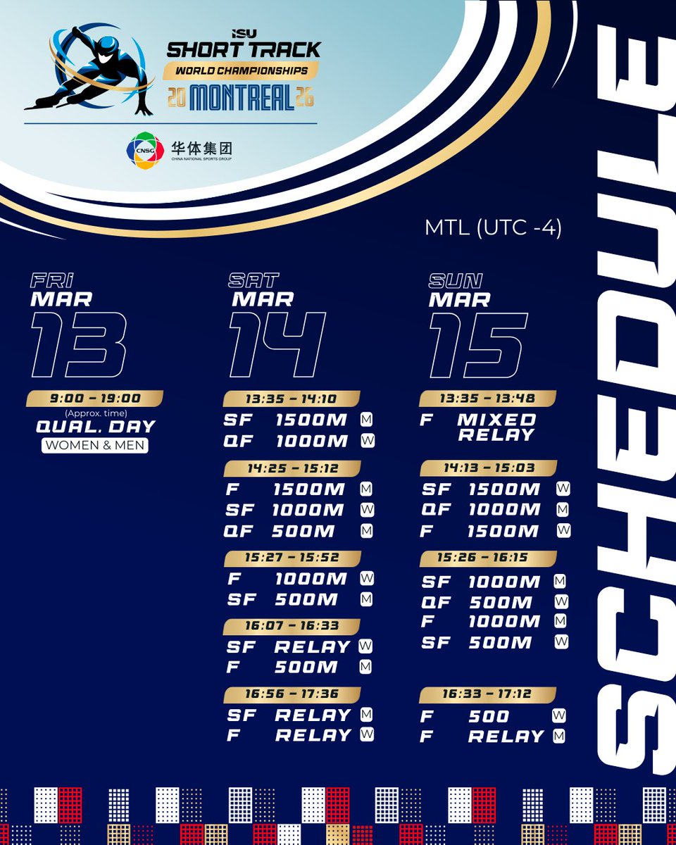 ISU_Speed's tweet photo. Bonsoir Montréal! 🇨🇦 

The schedule is out! Time to lock in for the final ISU Short Track event of the season. Nine world titles up for grabs. 🏆🔥 

🔗 https://t.co/uJziLrpQEz

#ShortTrack #WorldShortTrack https://t.co/NicN50KGky