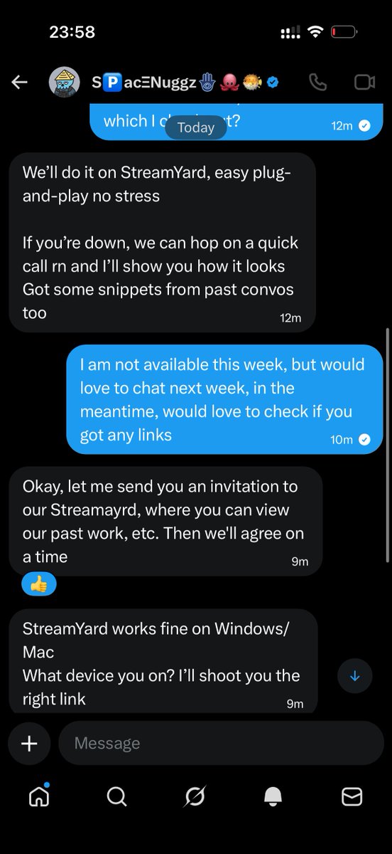 yash_goyal_dev's tweet photo. New scam pattern to watch for in crypto: fake interview / documentary invites + custom “StreamYard” (or any software) links.
An account like @joe_solinger tried this flow with me.

Be careful:
- ask for public references
- verify domain carefully
- never click rushed invite links
- never download meeting/video/any softwares unless you have verified everything.

How we know this is scam:
- https://t.co/tMvcu6nrSw is a fake domain for https://t.co/0YqNKmF2rN,  which is registered just last month, no online presence for this domain. (Verified using the WHOIS database)
- And video platforms do not require domains (usually).