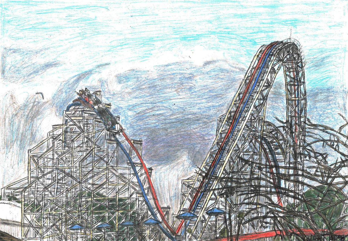CallenHuey's tweet image. I just completed this sketch of ArieForce One at @FunSpotAtlanta.  I had the pleasure of riding this maniacal creation by Joe Draves of Rocky Mountain Construction this past December.  It is one of my favorite coasters that I have been on.

#ArieForceOne #FunSpotAtlanta #RMC