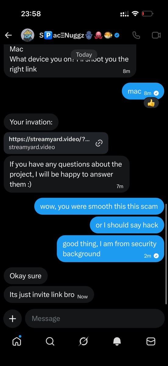 New scam pattern to watch for in crypto: fake interview / documentary invites + custom “StreamYard” (or any software) links.
An account like <a href="/joe_solinger/">S🅿️acΞNuggz🪬🐙🐡</a> tried this flow with me.

Be careful:
- ask for public references
- verify domain carefully
- never click rushed invite links