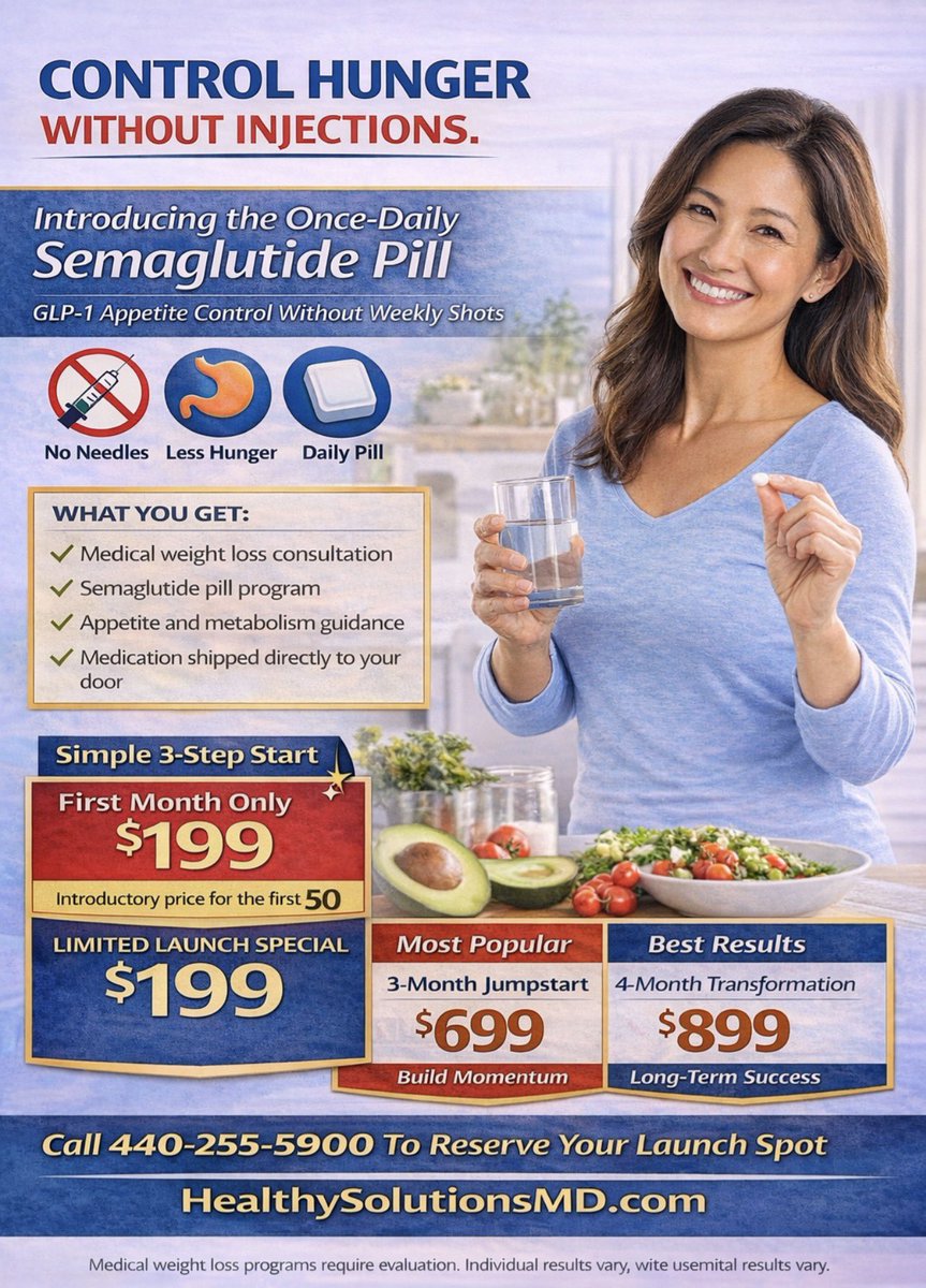 HSMD7322's tweet photo. Control hunger without injections.
The once-daily Semaglutide pill helps support appetite control and medical weight loss.
✔️ No needles ✔️ Less hunger ✔️ Daily pill
🔥 Launch special: First month $199 (first 50 patients)
Learn more: https://t.co/9YfUQJfRQQ https://t.co/GLjl7NkTCt