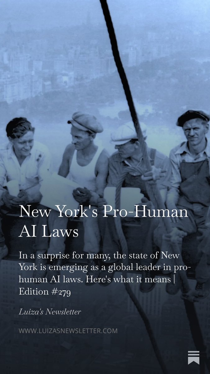 LuizaJarovsky's tweet photo. 🚨 Most people haven't realized it yet, but pro-human AI laws are already here.

In a sea of inaction and deregulation, New York is surprisingly taking the lead.

My article below: https://t.co/JmohWobnSe