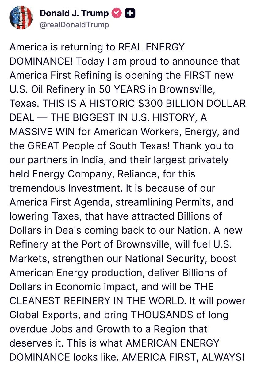 Sadie_NC's tweet photo. Huge win for American energy independence! 

President Trump just announced the opening of the FIRST new U.S. oil refinery in 50 years down in Brownsville, TX, a massive $300B deal.

This is what real dominance looks like: jobs, security, and putting America First. Let’s keep the momentum going!