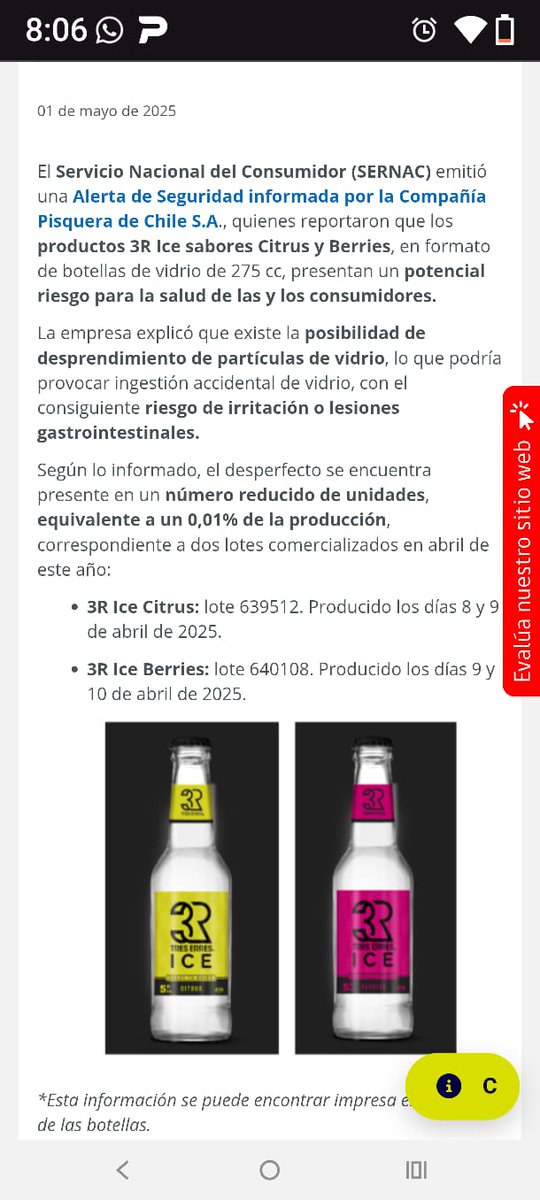 BERTABAHAM197's tweet photo. Hace unos días encontré un vidrio filoso dentro de una botella de capel Ice al tomar el último sorbo me corto el labio inferior, superior y el paladar
Por suerte lo escupí y no lo tragué.
La respuesta al reclamo "disculpas no paso a mayores".
@CocaCola @CocaColaChile
@PiscoCapel https://t.co/Mog3kaCKlk