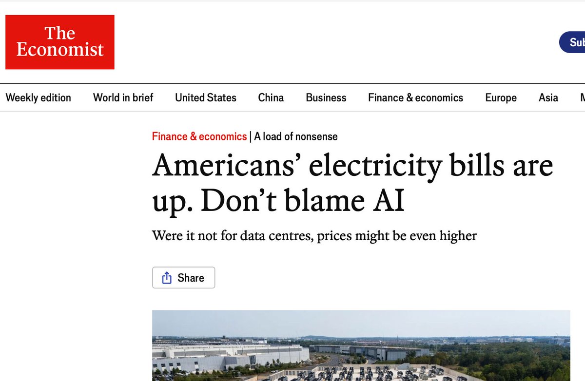 NetChoice's tweet photo. "If Americans want lower electricity bills, they should be shouting for more AI, not less."

A new report from @TheEconomist shows that the narrative that AI and data centers are driving up electricity bills is simply incorrect. https://t.co/kwmWaN2eaj