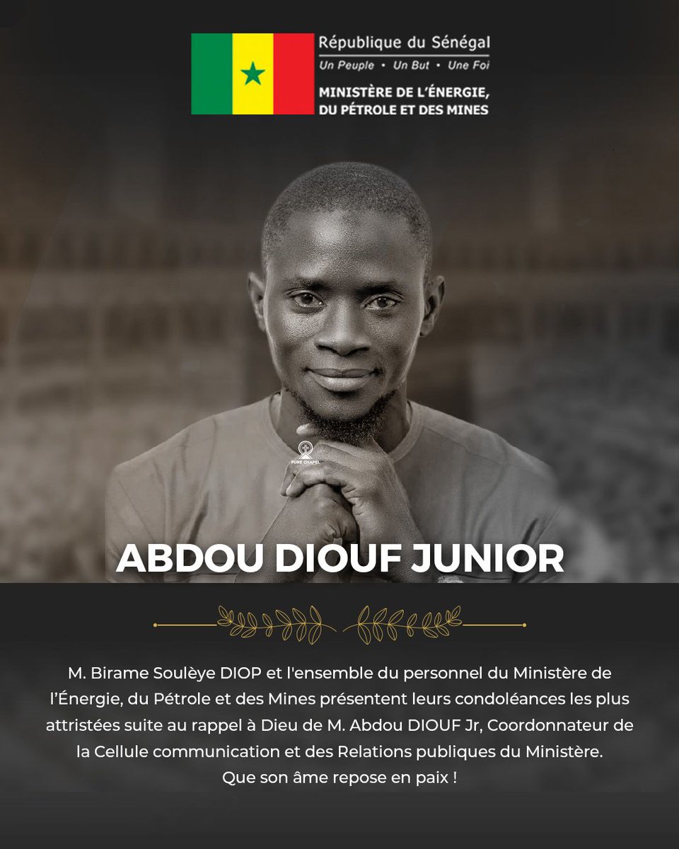 BirameSouleye's tweet photo. C’est avec une grande tristesse et une profonde consternation que nous avons appris, ce matin, le rappel à Dieu de notre très cher collaborateur, M. Abdou Diouf Junior, qui fut un grand professionnel, dévoué à la tâche et passionné par son métier.
Que son âme repose en paix ! https://t.co/53cOXdBrdn