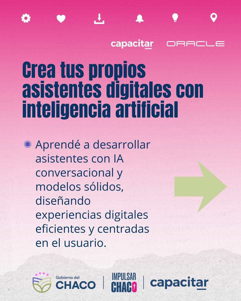 impulsarchaco's tweet photo. 🚀 Desde Impulsar Chaco te invitamos a capacitarte en el desarrollo de asistentes digitales con IA, en alianza con Oracle.

🎓 Curso y certificado gratuitos.

Inscribite en: https://t.co/DM7ihRFs6p https://t.co/HCPqylnnjx