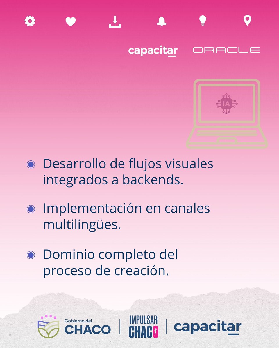 impulsarchaco's tweet photo. 🚀 Desde Impulsar Chaco te invitamos a capacitarte en el desarrollo de asistentes digitales con IA, en alianza con Oracle.

🎓 Curso y certificado gratuitos.

Inscribite en: https://t.co/DM7ihRFs6p https://t.co/HCPqylnnjx