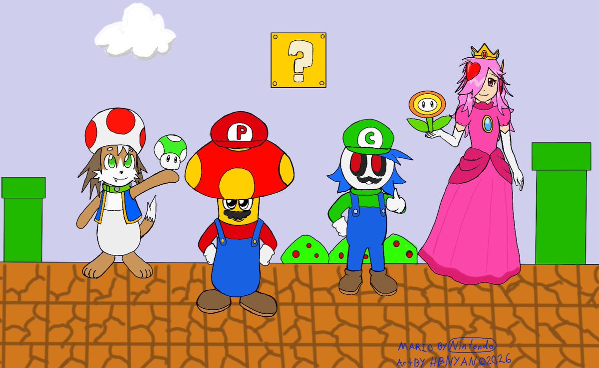 bumpernyan's tweet photo. Happy Mario Day!
This is Super Bumper Bros! Starting with Phungus as Mario. Caspur as Luigi. Meadow as Toad. And Cutesy as Princess Peach.
#BumperMonsters #Mario10Day2026 #SuperMarioBros #digitalart #illustration #OC #CoolOC #バンパーブロック https://t.co/NQazBAWZIg