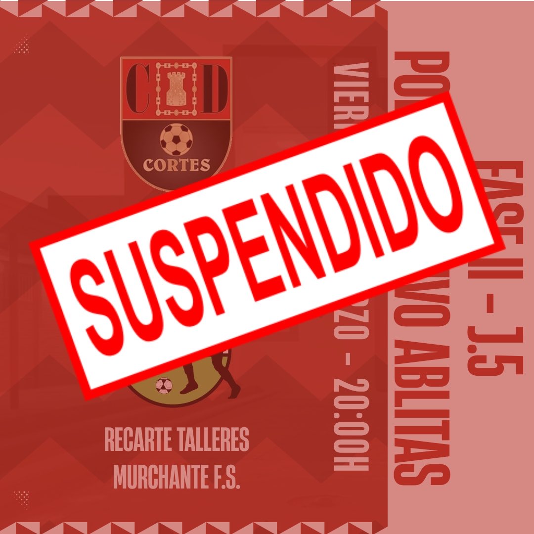ℹ️ ¡Info!

Finalmente, el partido del pasado viernes 6 de marzo contra el C.D. Cortes fue suspendido antes de dar comienzo debido a la presencia de varias goteras que inhabilitaban las pistas de juego disponibles 🌧️

Queda pendiente fijar la nueva fecha del encuentro 👍🏽