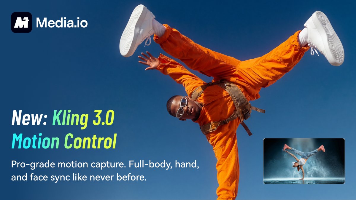 mediaioofficial's tweet image. Motion Control now powered by Kling 3.0✨
More precise motion capture and better facial
consistency for complex scenes.
Click here to try: bit.ly/4bBUJtu

#MediaIO #Kling3 #MotionControl #AIVideo #Kling
