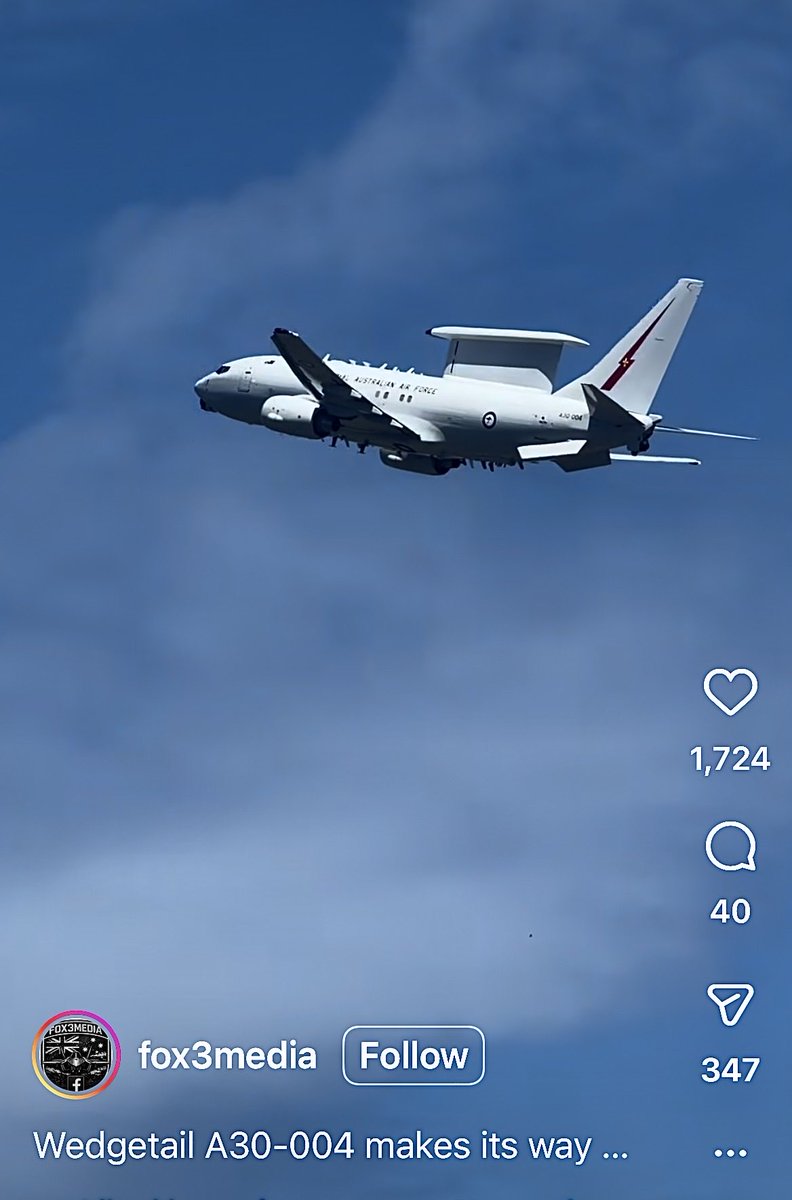 PeterCronau's tweet photo. Into the clear blue sky—&amp; into a hazardous mission in the Persian Guif during the illegal US-Israel war in Iran

Nice photo of Wedgetail A30-004 departing Williamtown RAAF base for a stated one-month mission

To collect intelligence on Iranian retaliatory missile &amp; drone launches https://t.co/mfVJjo95yW
