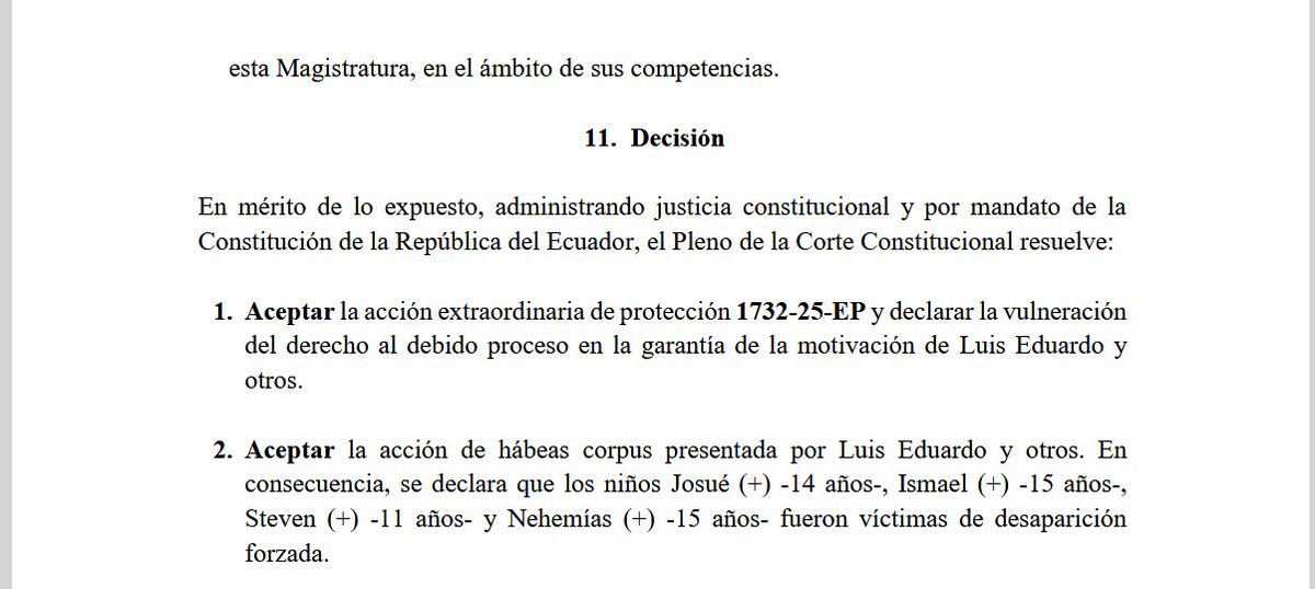 La  sentencia Sentencia 1732-25-EP/26 de la ⁦⁦<a href="/CorteConstEcu/">Corte Constitucional</a>, ⁩ podría dar paso a una causal de destitución del Presidente <a href="/DanielNoboaOk/">Daniel Noboa Azin</a>,    por el caso Malvinas. Ya que declaró que los niños de las Malvinas fueron "víctimas de desaparición forzada"