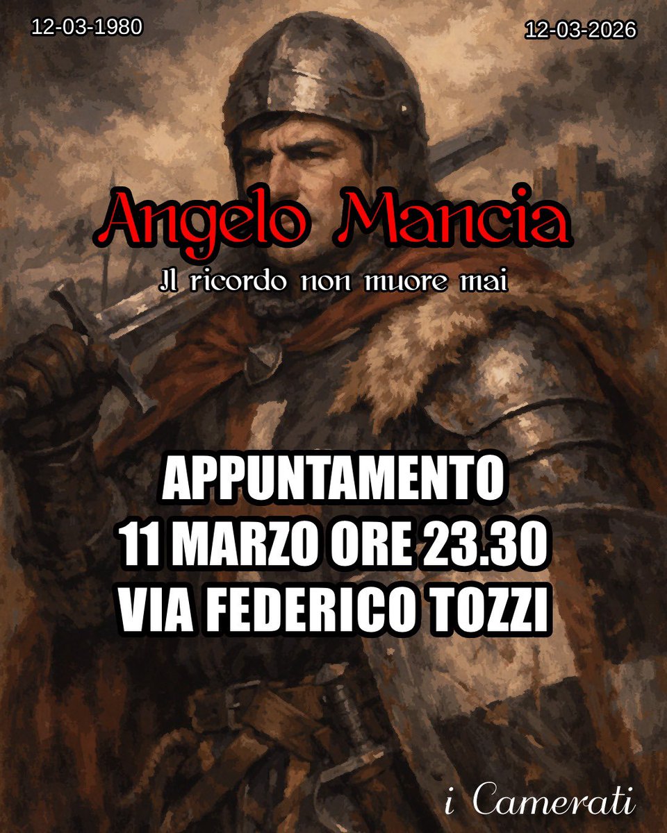 AzioneFrontale's tweet photo. COL CUORE IN GOLA

Domani notte ricorderemo il camerata Angelo Mancia, barbaramente ucciso dall’odio comunista
#AzioneFrontale🏴 https://t.co/dcN3EDjFpr