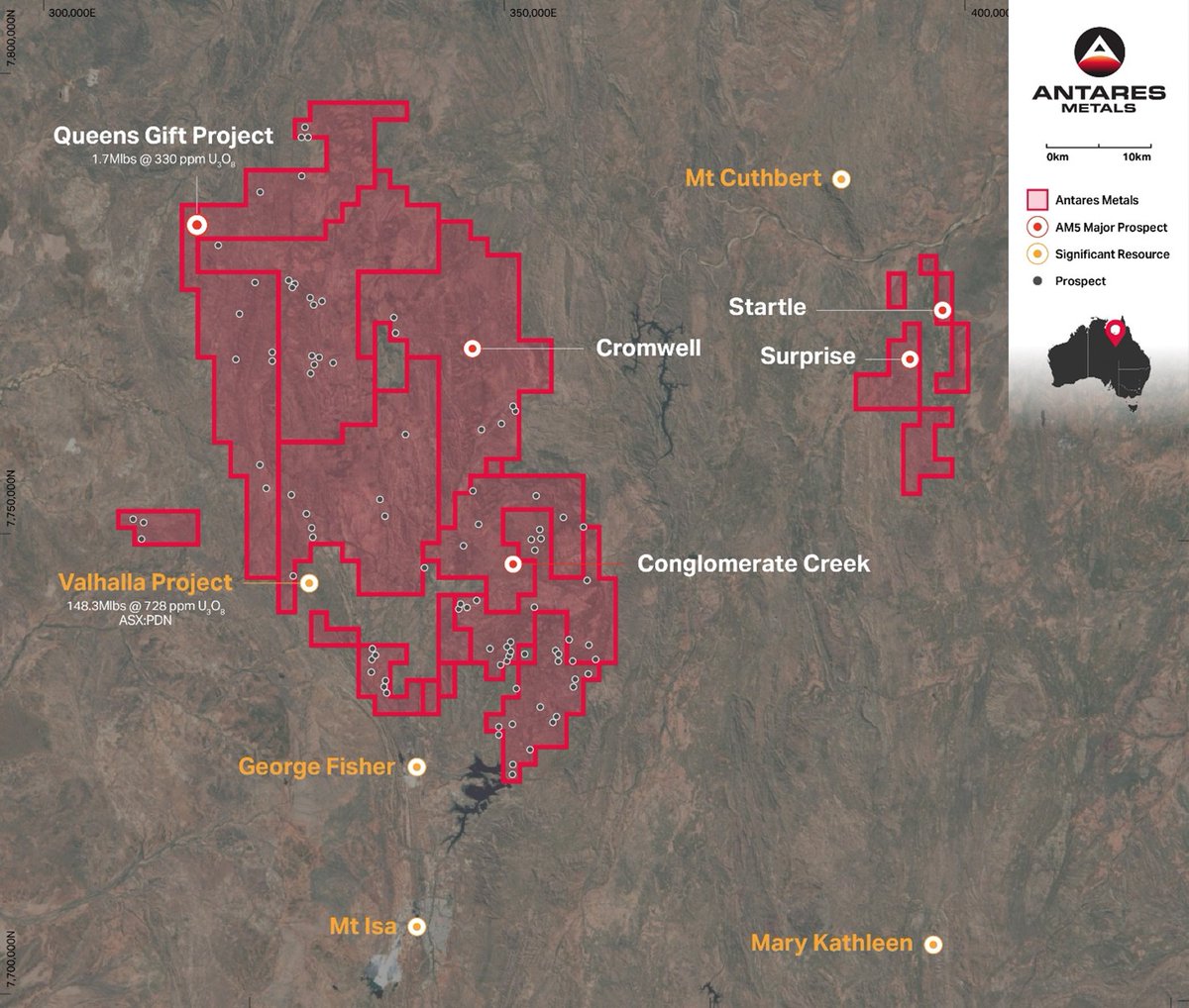 AntaresMetals's tweet photo. Assay results have confirmed high-grade #uranium mineralisation at the Queens Gift Project in northwest Queensland.

Significant mineralisation was intercepted in hole AQD002, returning 20m @ 741 ppm U3O8 from 60m, incl a high-grade core of 8m @ 1,288 ppm U3O8. These results validate the high-grade nature of the system and provide critical data for the planned resource upgrade.

Situated in a world-class province adjoining Glencore’s Mt Isa Operations and in close proximity to Paladin Energy’s Valhalla deposit, the Mt Isa North Project remains a key part for our upcoming field season. 

We look forward to initiating further drilling and exploration across our highly prospective portfolio in the coming months.

Read the full announcement here: https://t.co/lzVUVkso9c

#ASXnews #AM5