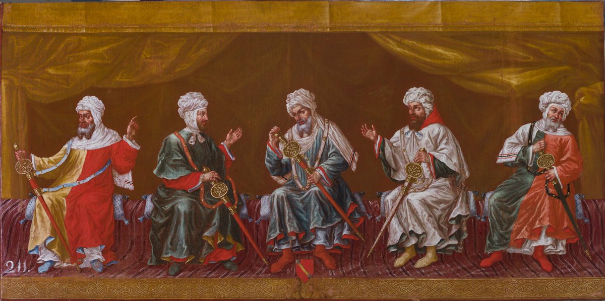 Oil paintings of the ten Nasrid Sultans found on the ceiling of the Hall of Kings in the Alhambra by Diego Sánchez Sarabia (ca. 1760).