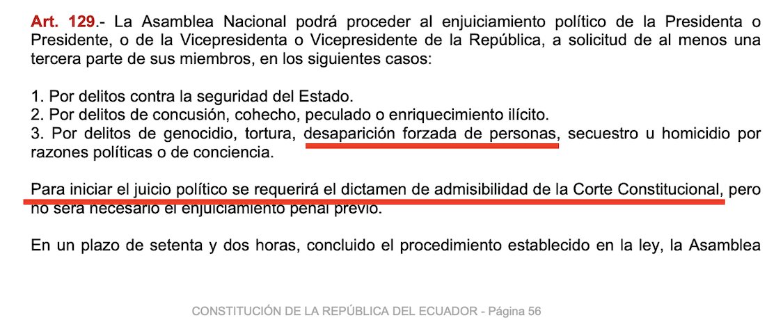 fabriciovelav's tweet photo. Este país es el campeón mundial de la venta de humo.

Y en la instalación permanente de narrativas, ya hay quienes "advierten" que la sentencia de la Corte Constitucional sobre los 4 niños de Las Malvinas allana el camino para llevar a juicio político al presidente.

Veamos ⬇️

1⃣En efecto, la Corte Constitucional, al aceptar la acción de hábeas corpus, sentenció que los 4 niños fueron víctimas de desaparición forzada.

2⃣En efecto, el artículo 129 de la Constitución señala como causal de juicio político al Presidente de la República la causal de "desaparición forzada de personas".

Pero... 
3⃣Para activar el enjuiciamiento político del presidente, la Corte Constitucional debe previamente emitir un dictamen de admisibilidad.

4⃣Supongamos que la Corte emite dicho dictamen, la Comisión de Fiscalización de la Asamblea inicia todo el proceso de juicio político (ya ocurrió con el entonces presidente Guillermo Lasso) y el proceso pasa al Pleno del Parlamento...

Una eventual censura y destitución del Jefe de Estado necesita al menos 101 votos, es decir, mayoría calificada de 2/3 partes, que con la configuración actual del Legislativo es IMPOSIBLE.