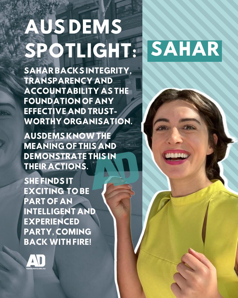 TheAusDemsGuy's tweet photo. Sahar joined @AustDems after seeing their track record over 30yrs in gov:

-fighting for the environment in the 80s,well before the Greens
-representing women with the first female party leader in 1986, Janine Haines
-their productive, collaborative approach to political process https://t.co/W8CuVhSGpI