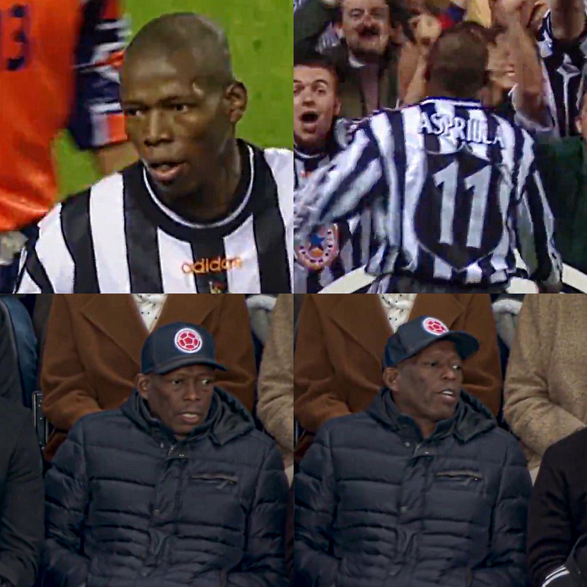 Hoy vimos una transición épica antes del Newcastle-Barcelona. 

La TV repasaba el mítico hattrick que le anotó el Tino Asprilla al Barcelona en Champions en el año 1997, con el Newcastle. 

Justo después, el productor enfoca al Tino Asprilla con su gorra de la selección Colombia,