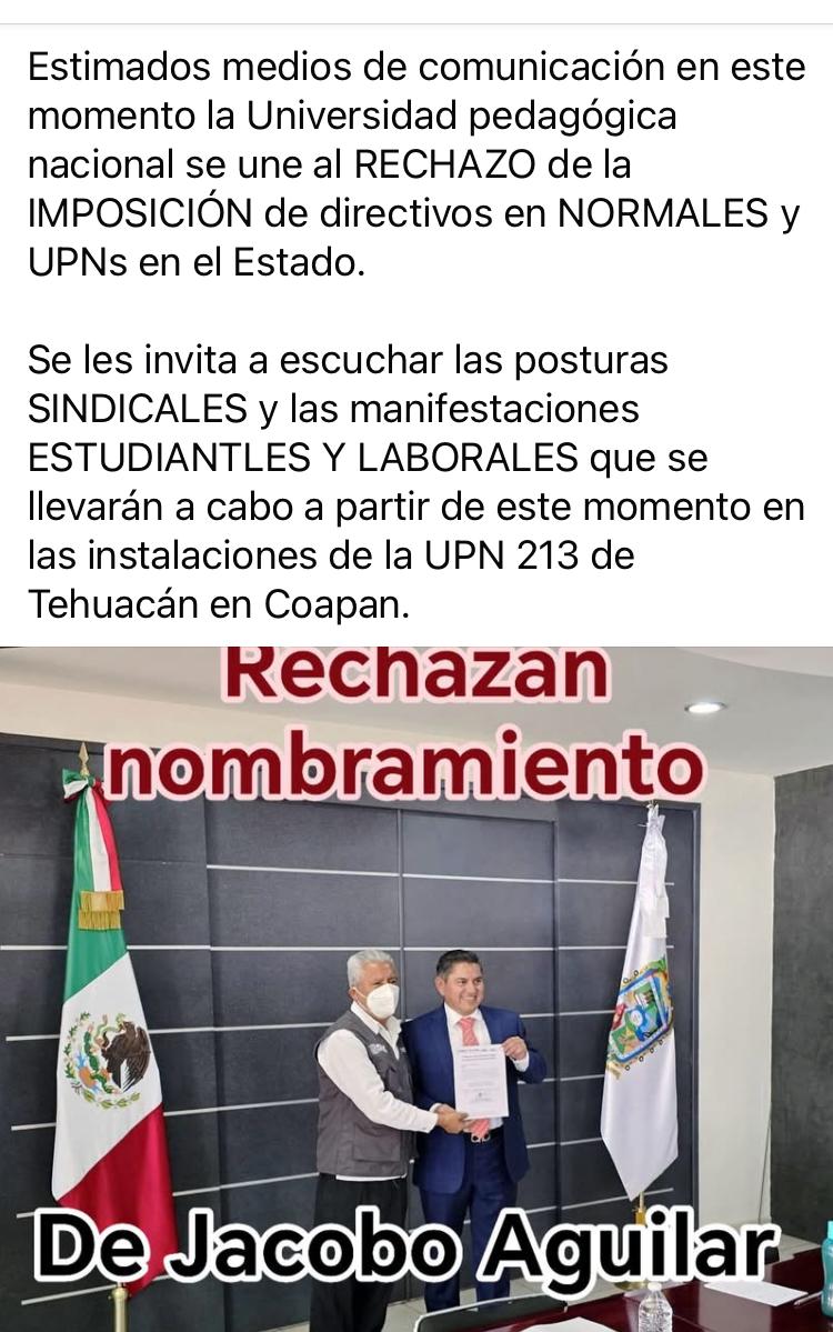 domingo7th's tweet photo. DENUNCIAN IMPOSICIÓN DE JACOBO AGUILAR COMO DIRECTOR DE LA UPN EN TEHUACÁN; SE UNEN AL RECHAZO ESTATAL DE IMPOSICIONES DIRECTIVAS https://t.co/mCpQFhSIyW