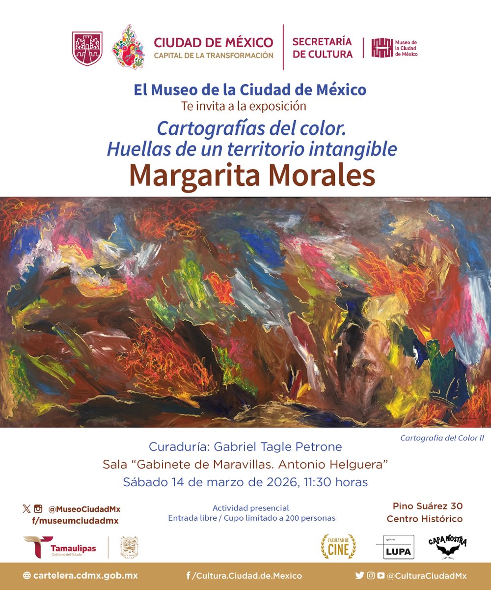 MuseoCiudadMX's tweet photo. #Inauguración | ¿Crees que el color también puede ser un mapa? 
En “Cartografías del Color: Huellas de un Territorio Intangible”, la artista Margarita Morales explora la memoria, la migración y la pertenencia a través de la abstracción.

Sábado 14 de marzo, 11:30 h
SIN REGISTRO https://t.co/o9h5lU5XG6