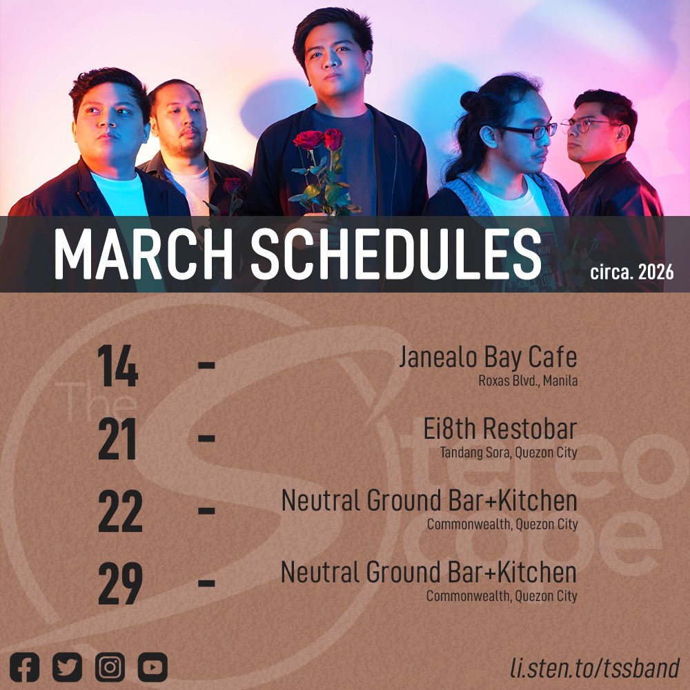 StereoScope's tweet photo. Hindi lang kanta, kwento rin. 💔
See you all this March on these following dates!

14 - Janealo Bay Cafe
21 - Ei8th Restobar
22 - Neutral Ground Bar+Kitchen
29 - Neutral Ground Bar+Kitchen

Kung broken ka, sama ka. Kung buo ka, mas ok. Kita kits! 🔊🔥

#HopelessRomantics https://t.co/X2xE9N5kDX
