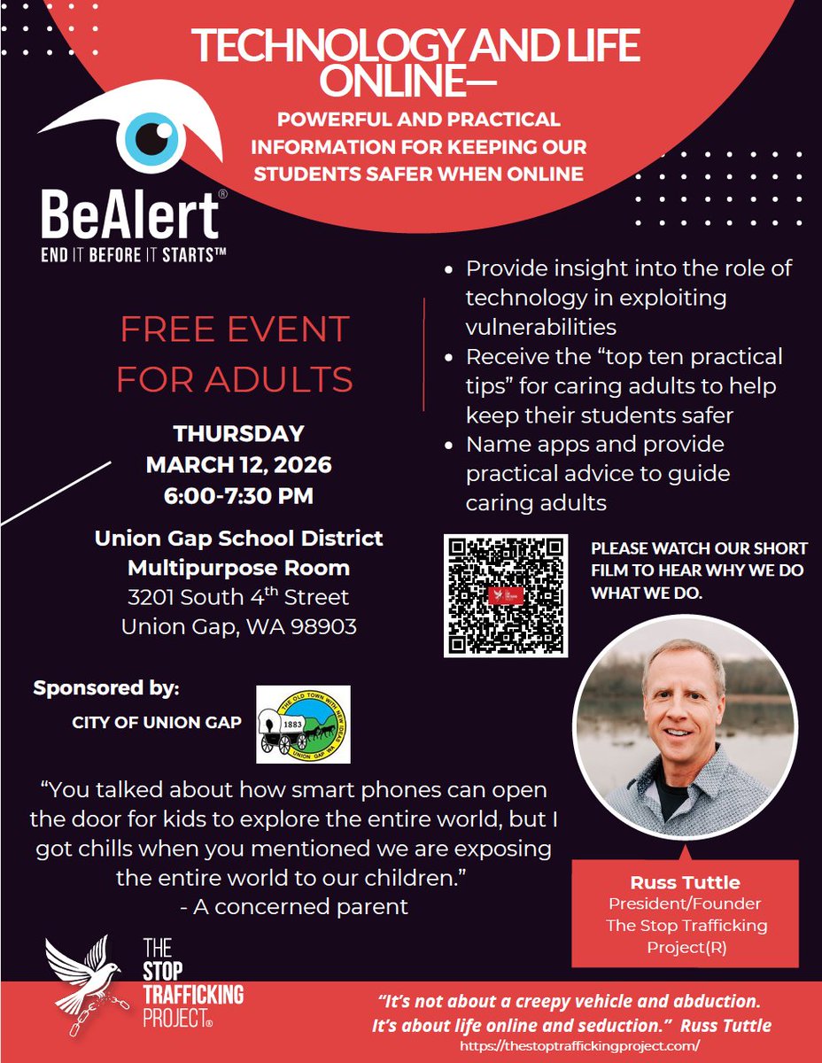PoliceGap's tweet photo. Great opportunity to learn about how to protect your kiddos from the world.  Read the attached flyer below and attend. This is free training, paid for in part by the Union Gap Police Department. https://t.co/hFRYrREcxo