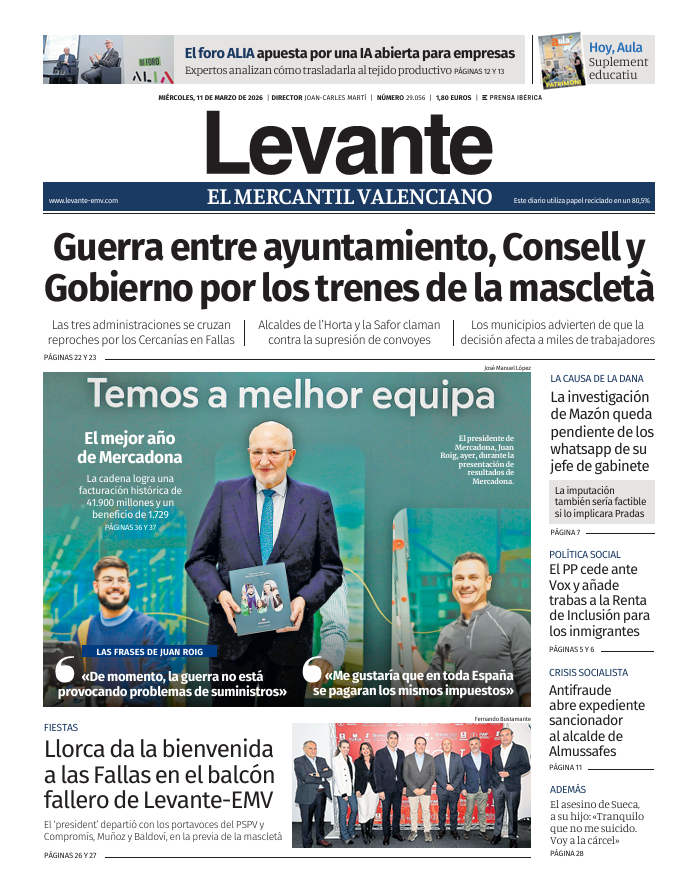 levante_emv's tweet photo. 🗞️¡Buenas noches! Esta es nuestra portada de hoy, miércoles 11 de marzo.

👉🏻 Con el suplemento educativo 'Aula' 

📲 Toda la actualidad en https://t.co/n7boEUCvms https://t.co/ddXuJor3Tt
