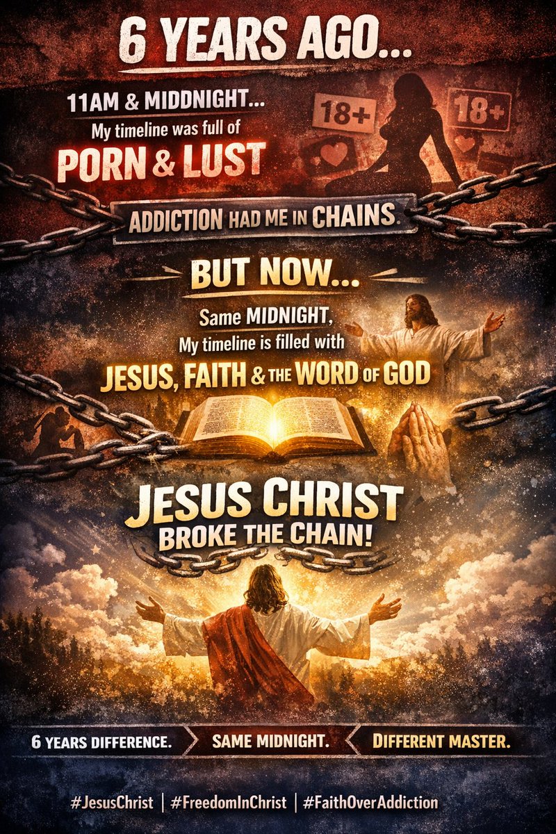 hillaryEjames's tweet photo. 6 years ago my timeline used to change at 11AM and midnight.

Those hours my algorithm was full of porn and lust.

Addiction had me in chains.

But today…
Same midnight.
Same platform.

My timeline is filled with Jesus Christ, faith, and the Word of God. https://t.co/yz5d7Ei9Pz
