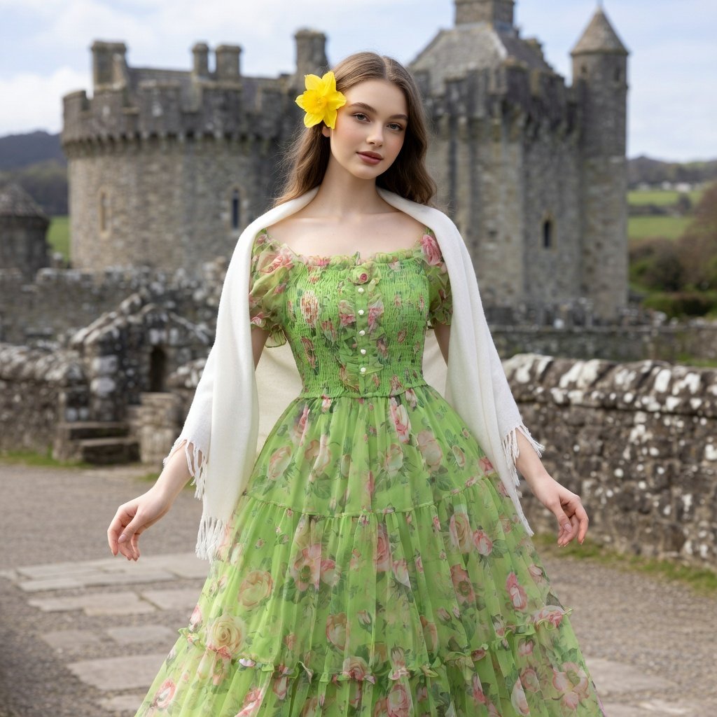 merchedbeca's tweet image. Spring rebellion in vivid emerald glow, Our vibrant green rose-printed dress dances romantic power. White shawl draped, daffodil tucked, standing tall at the castle gates. Wear Your Heritage, Own Your Power! merchedbeca.com #MerchedBeca #SpringRebellion