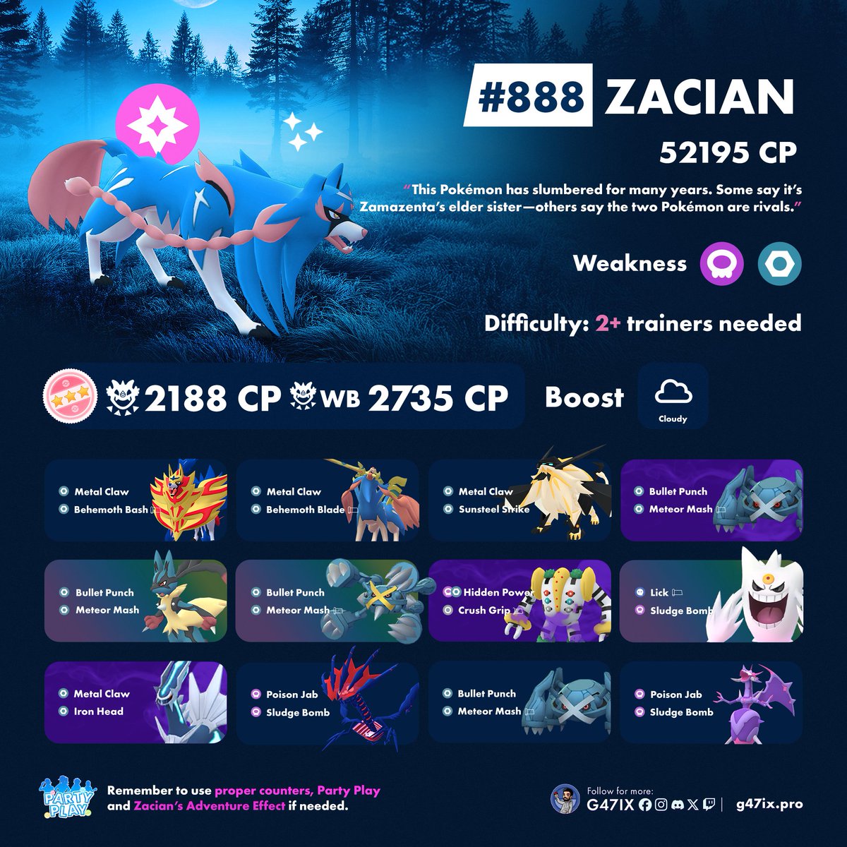 🗡️ Zacian will be available in 5★ Raids from March 11 to March 17.
✨ If you're lucky, you might find a Shiny!
More counters ➡️ Pokebattler_com
#PokemonGO