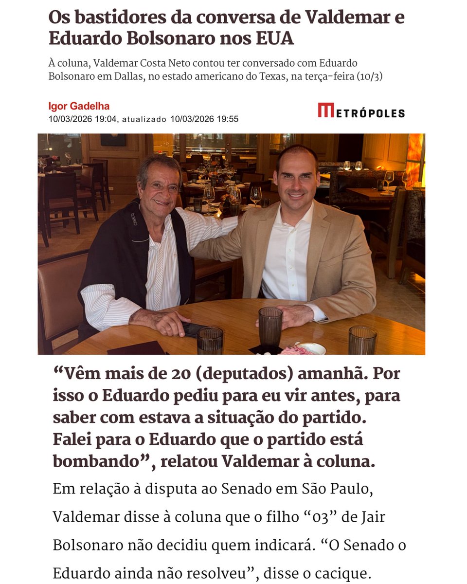 Satisfação conversar com o Pres. do <a href="/plnacional_/">Partido Liberal - PL 22</a> Valdemar <a href="/CostaNetoPL/">Valdemar Costa Neto</a> , analisar o cenário político nacional e a atuação do PL para esta eleição.

Estou animado com as notícias e para estas eleições.