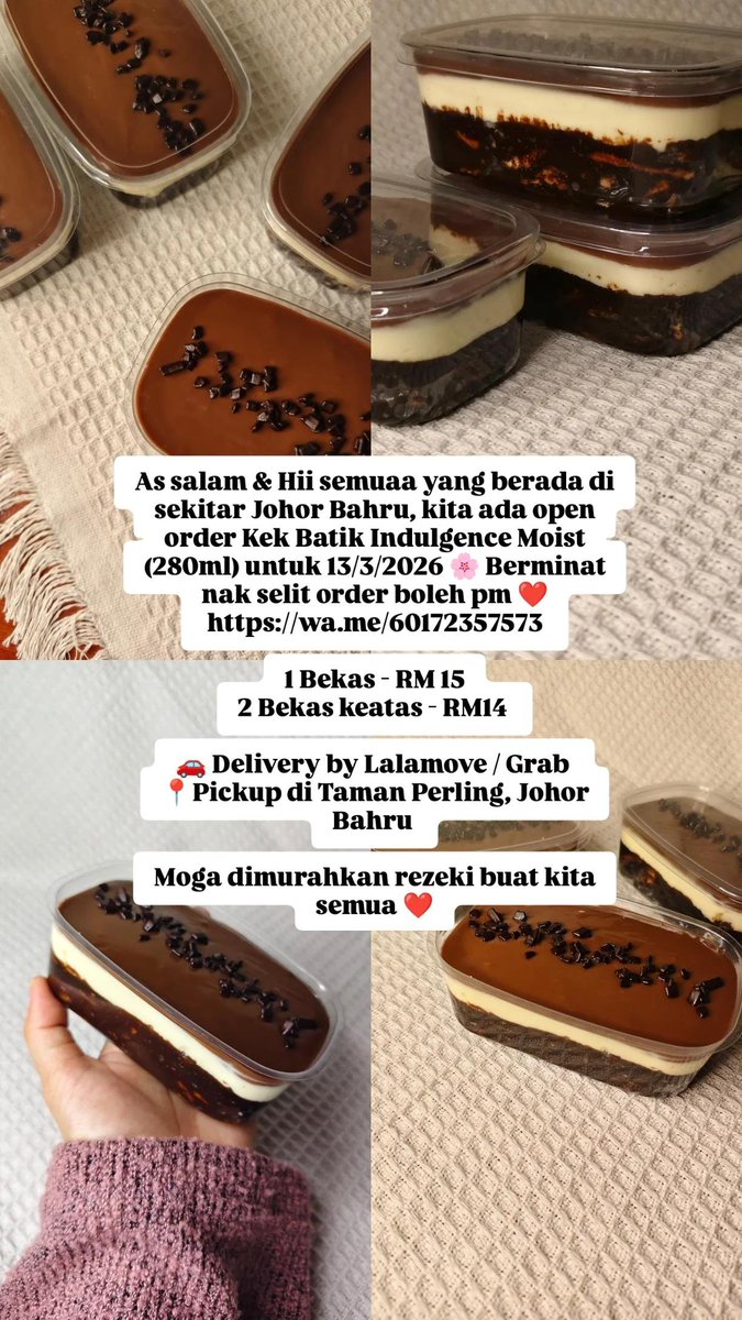 afifblurp's tweet photo. As salam &amp; Hi awak  semuaaa 🌸 Saya ada open order Kek Batik Indulgence Moist untuk 13/3/2026.  Berminat nak selit order boleh pm kitaa ❤ https://t.co/04xqzbLymg

📍Based in Taman Perling, Johor Bahru https://t.co/wZx3yY5TVj