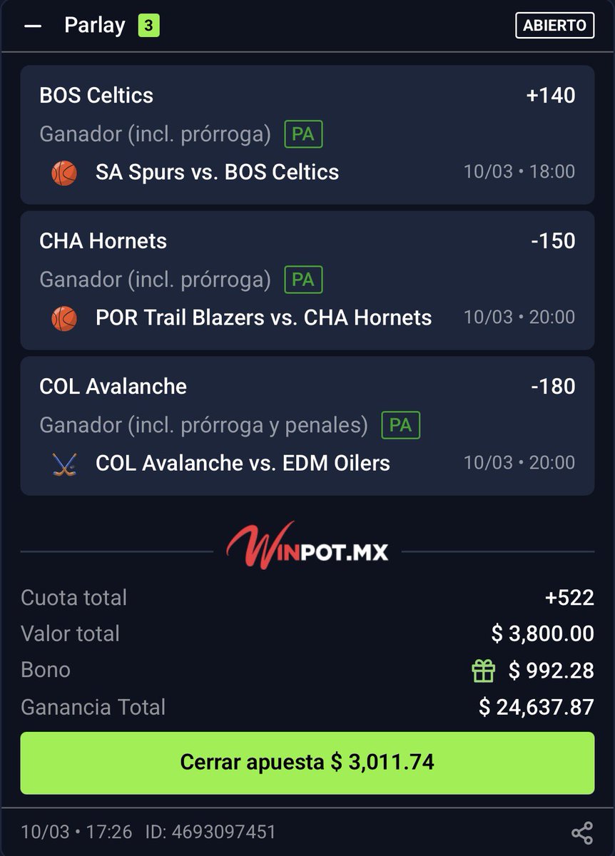 $3,800 >>> $24,600 🐺🫵🏽

Parlay triple para hoy lobos, me fascina, ¿Me sigue o no me sigue todavía? ❤️

Anunció importante en mi siguiente tweeet: 🪜