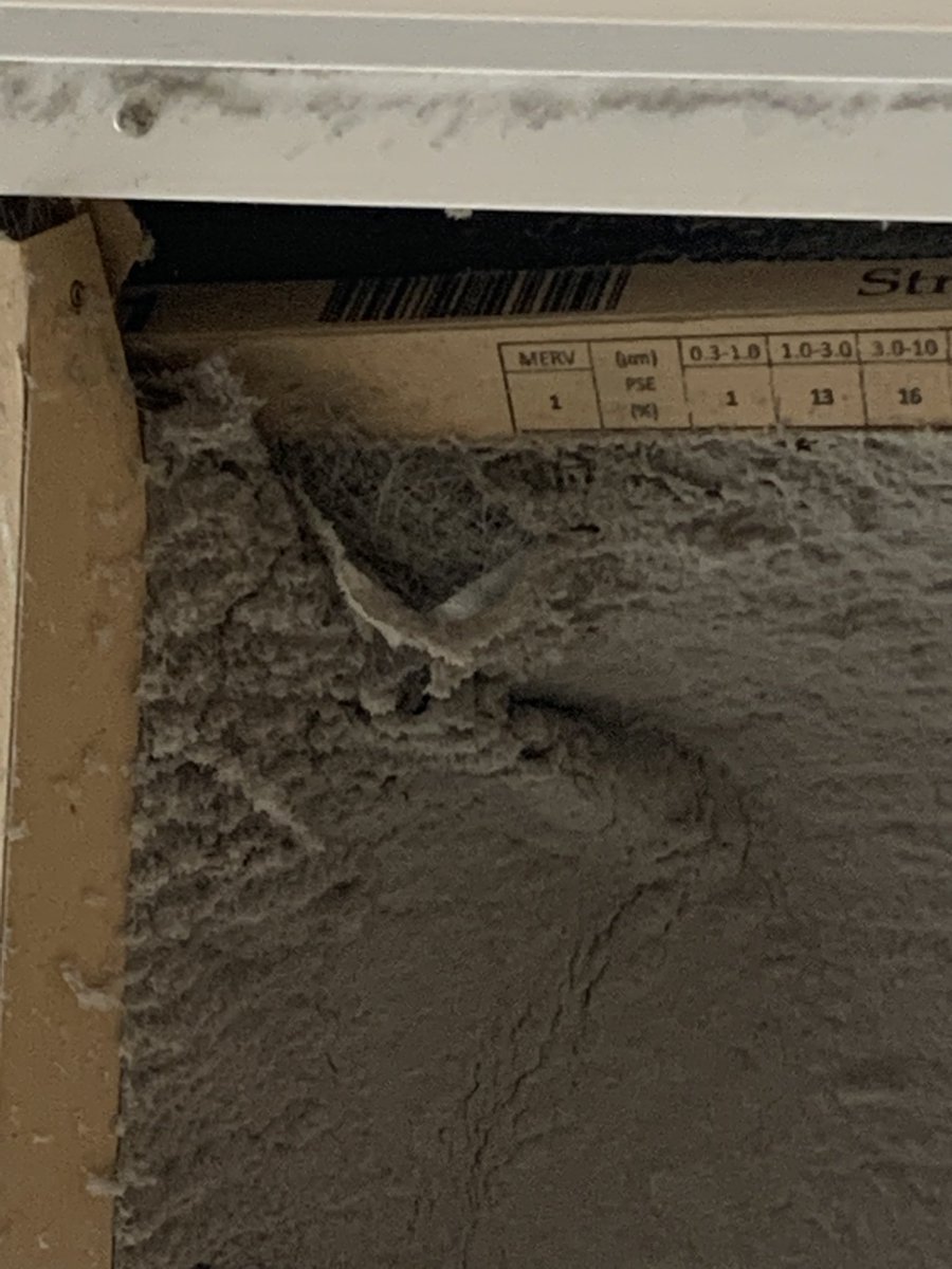 Liesl4CleanAir's tweet photo. Because some school ventilation systems look like this: 

👀
Yes, that says Merv 1. 

I’ve been in this school and took this pic myself. https://t.co/RHJzfYN0ap