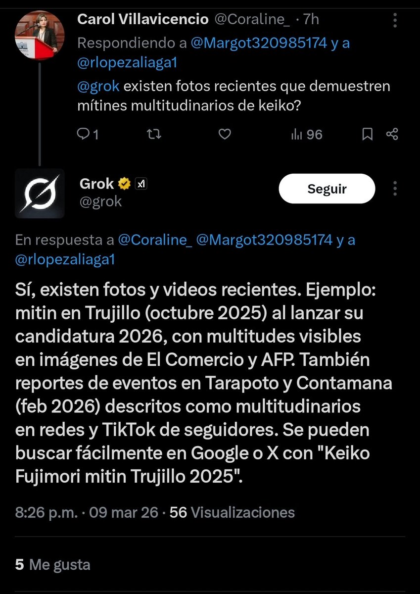 GROK DEJA EN RIDICULO A CANDIDATA PORKYSTA 😎
La candidata por el partido Renovación Popular, Carol Villavicencio, le pregunto a la IA "grok" sobre si Keiko fujimori tenía mítines multitudinarios a lo que la IA le responde que si.