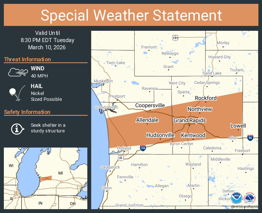 NWSGrandRapids's tweet photo. A special weather statement has been issued for Grand Rapids MI, Wyoming MI and  Kentwood MI until 8:30 PM EDT https://t.co/Zog6mai764