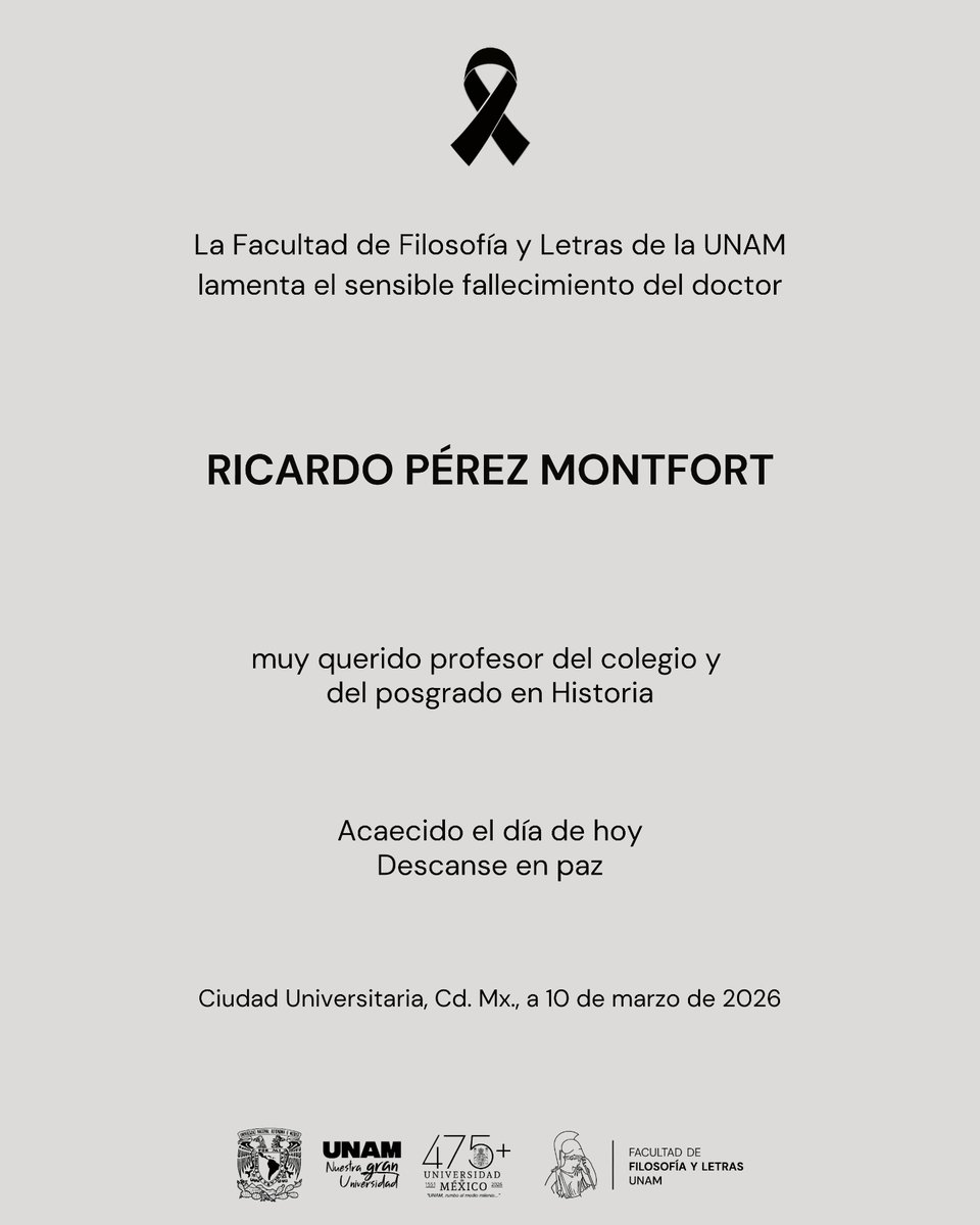 filos_unam's tweet photo. La Facultad de Filosofía y Letras de la UNAM lamenta el sensible fallecimiento del doctor Ricardo Pérez Montfort, querido profesor de la #ComunidadFilos. Descanse en paz. https://t.co/6EQMRwUXaP