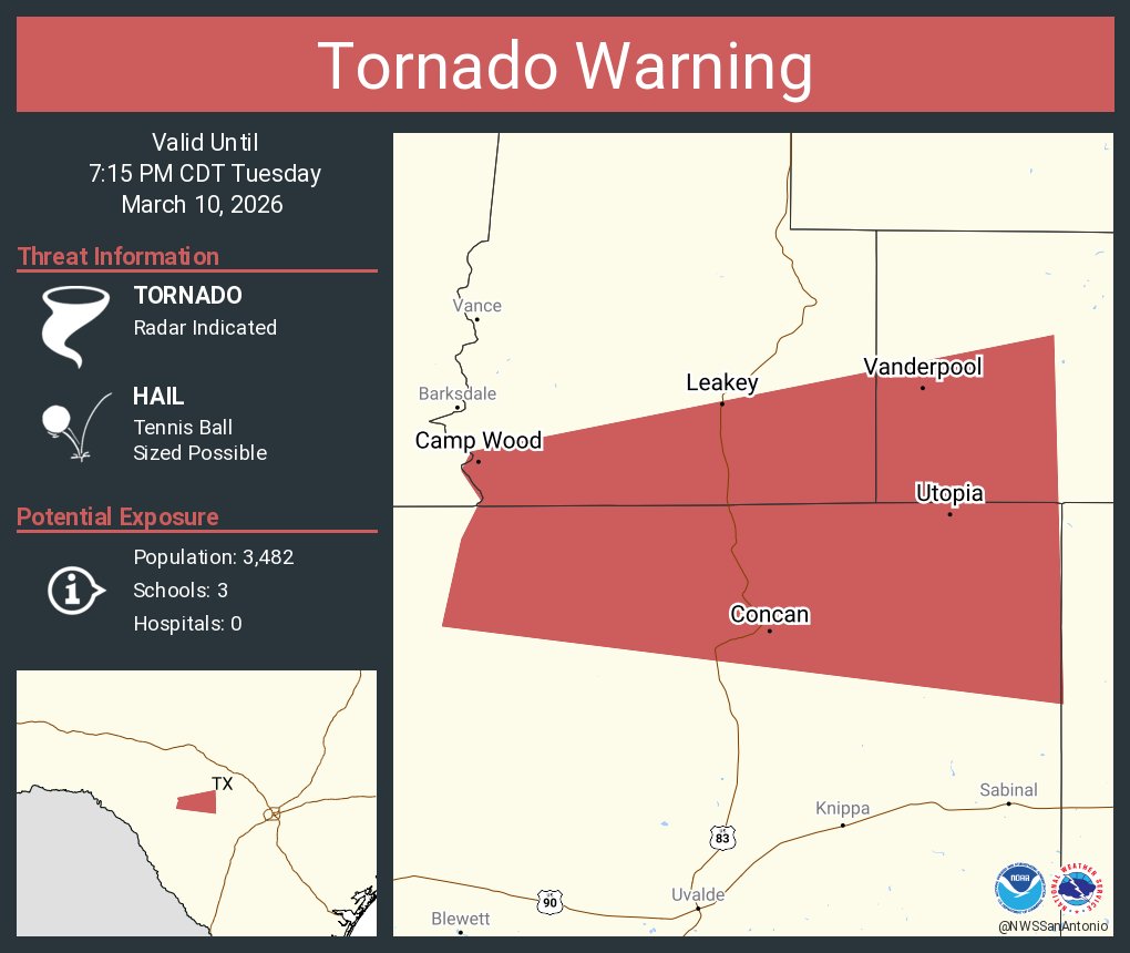 Tornado Warning including Camp Wood TX, Leakey TX and  Utopia TX until 7:15 PM CDT