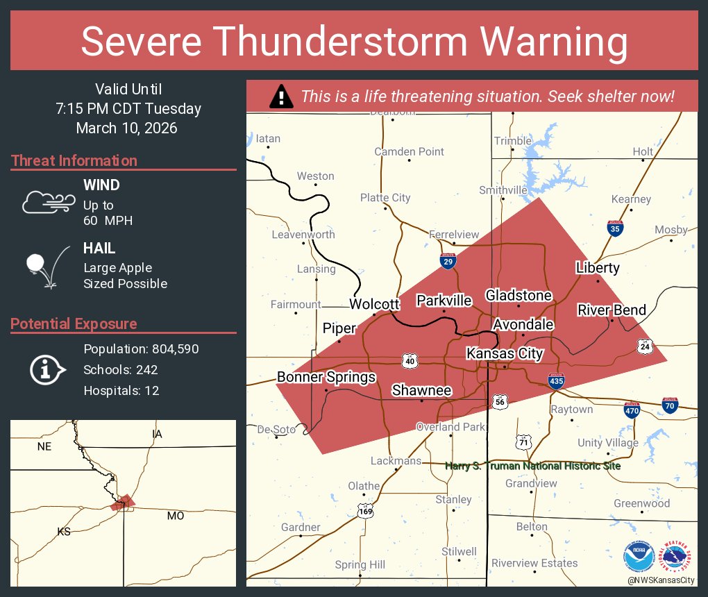 NWSKansasCity's tweet photo. Severe Thunderstorm Warning including Kansas City MO, Kansas City KS and  Independence MO until 7:15 PM CDT. This destructive storm will contain large apple sized hail! https://t.co/QEC4VP0sR0