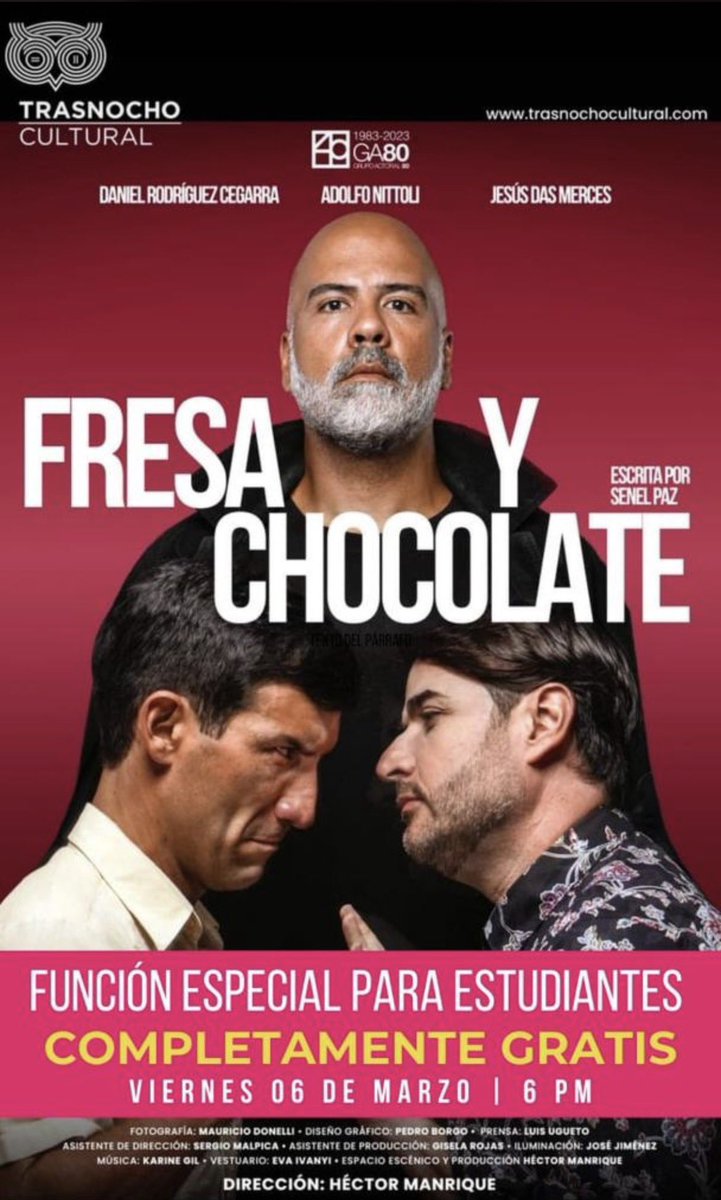 Fresa y chocolate de Senel Paz bajo la dirección de Héctor Manrique <a href="/manriquehector/">Héctor Manrique</a> es una obra que confronta.
El gay versus el macho Alfa 
El liberal versus el cuadrado
El intelectual versus el menos afortunado 

Y si, fue escrita hace muchos años y al salir de la obra nos damos