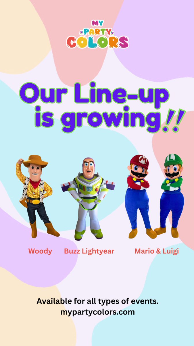 Felmo1969's tweet photo. 🎉✨ Our line-up is growing!
Woody, Buzz Lightyear, Mario, and Luigi are now part of the fun at My Party Colors 🥳🎈

Perfect for bringing joy, energy, and unforgettable moments to your next event 💫
Which character would you love to see at your party? 👀🎊

#kidsentertainment https://t.co/BxKq36u3Cq