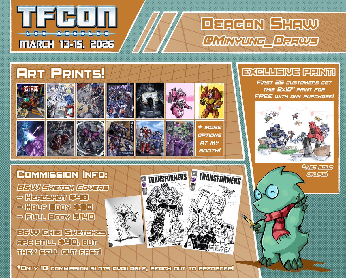 Minyung_Draws's tweet image. Here’s my official TFcon LA 2026 post! I’m very excited to see everyone!

If you’ve been to my booth before, you’ll know that my sketch list gets filled up very quickly. It’s first come first serve, but if you’d like to secure one ahead of time, that’s now an option! 😉 #TFcon