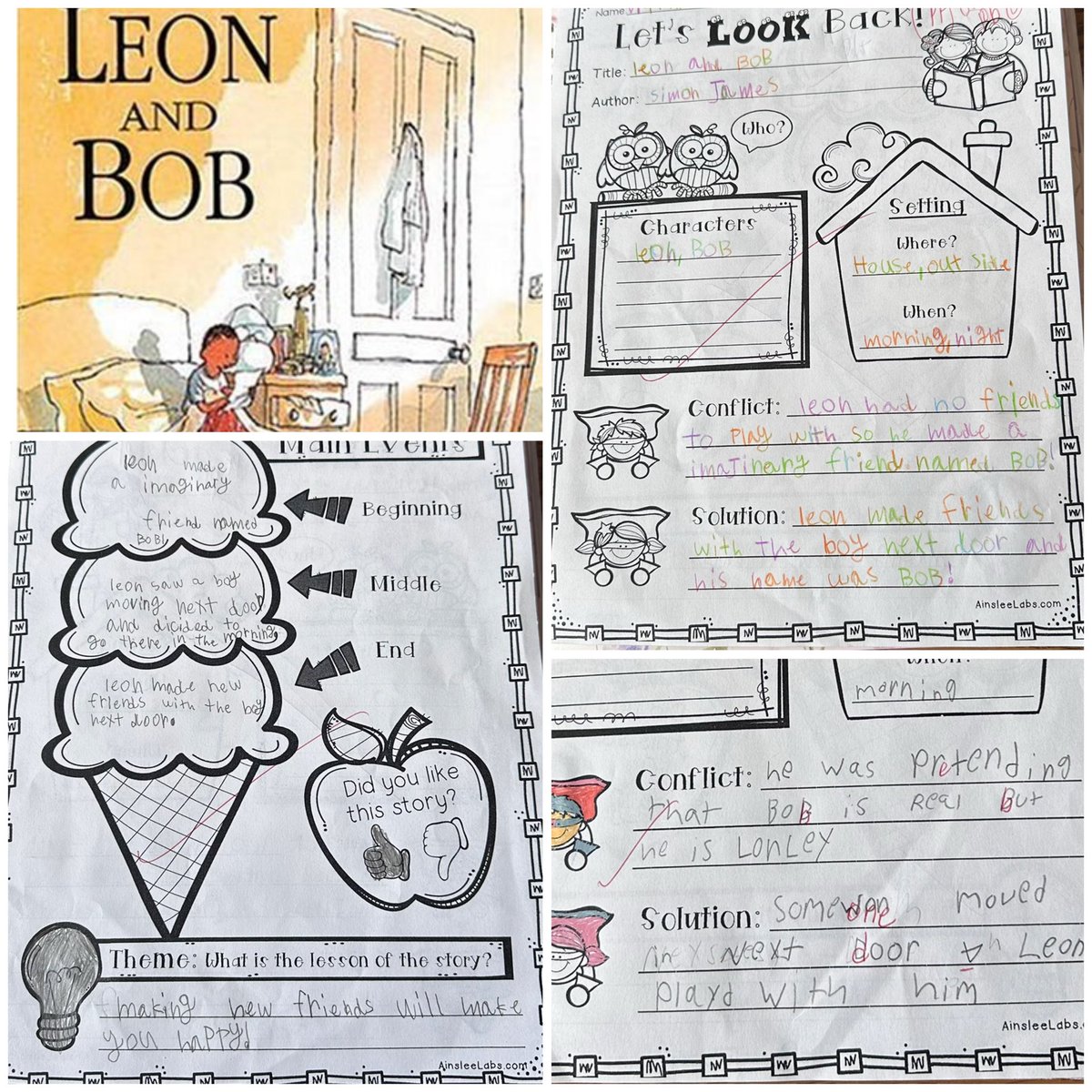 1stGradeBBE's tweet photo. The story of “Leon and Bob” describes a little boy who creates an imaginary friend as a coping mechanism for loneliness. Some #1stgraders shared detailed elements of the story #bullfrogs ��💛💚 https://t.co/pbB23gup3I
