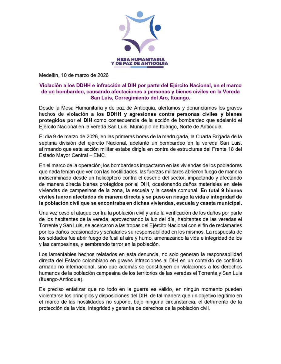 MesaHumaniAnt's tweet photo. #Denuncia Denunciamos los graves hechos de violación a los DDHH y agresiones contra personas y bienes civiles por parte del Ejército Nacional en el mpio de Ituango. No todo en la guerra es válido, en ningún momento pueden violentarse los principios y disposiciones del DIH. https://t.co/BXRK3qIFfe
