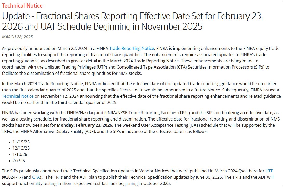 McClellanOsc's tweet photo. Data geek alert: You may or may not have noticed that your stock market data provider is reporting stock volume differently lately. That started on Feb. 23, as data providers are now reporting on the trading of fractional shares. Details below come from this March 2025 announcement by FINRA. https://t.co/7557OiQKnl