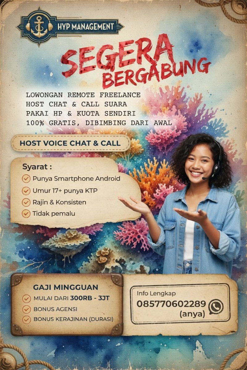 Kokocrunch888's tweet photo. ✨ Lagi cari kerja online dari rumah?
Kami membuka Lowongan Host Voice Chat &amp; Call (Freelance/Remote)
Cukup pakai HP Android + kuota sudah bisa mulai!
💰 Gaji mingguan 300RB – 3JT
🎁 Ada bonus agency &amp; bonus kerajinan
📚 Dibimbing dari nol – GRATIS https://t.co/OX0cWxODZs