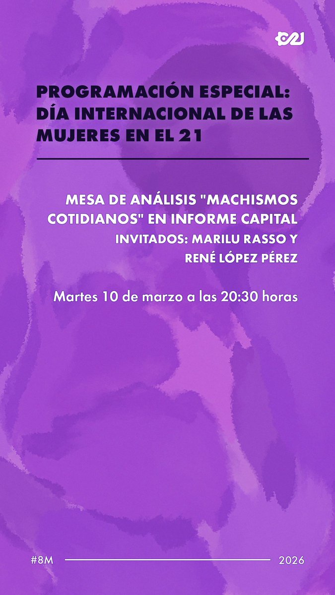 🗣️💜 Súmate a la mesa de análisis sobre Machismos Cotidianos en #InformeCapital con <a href="/berenice_rj/">Berenice Rodríguez</a>, hoy a las 20:30 horas.

🗨️ En el marco del #8M, abrimos un espacio para hablar de cómo se expresa el machismo día a día en los espacios públicos, en los hogares y en los entornos de